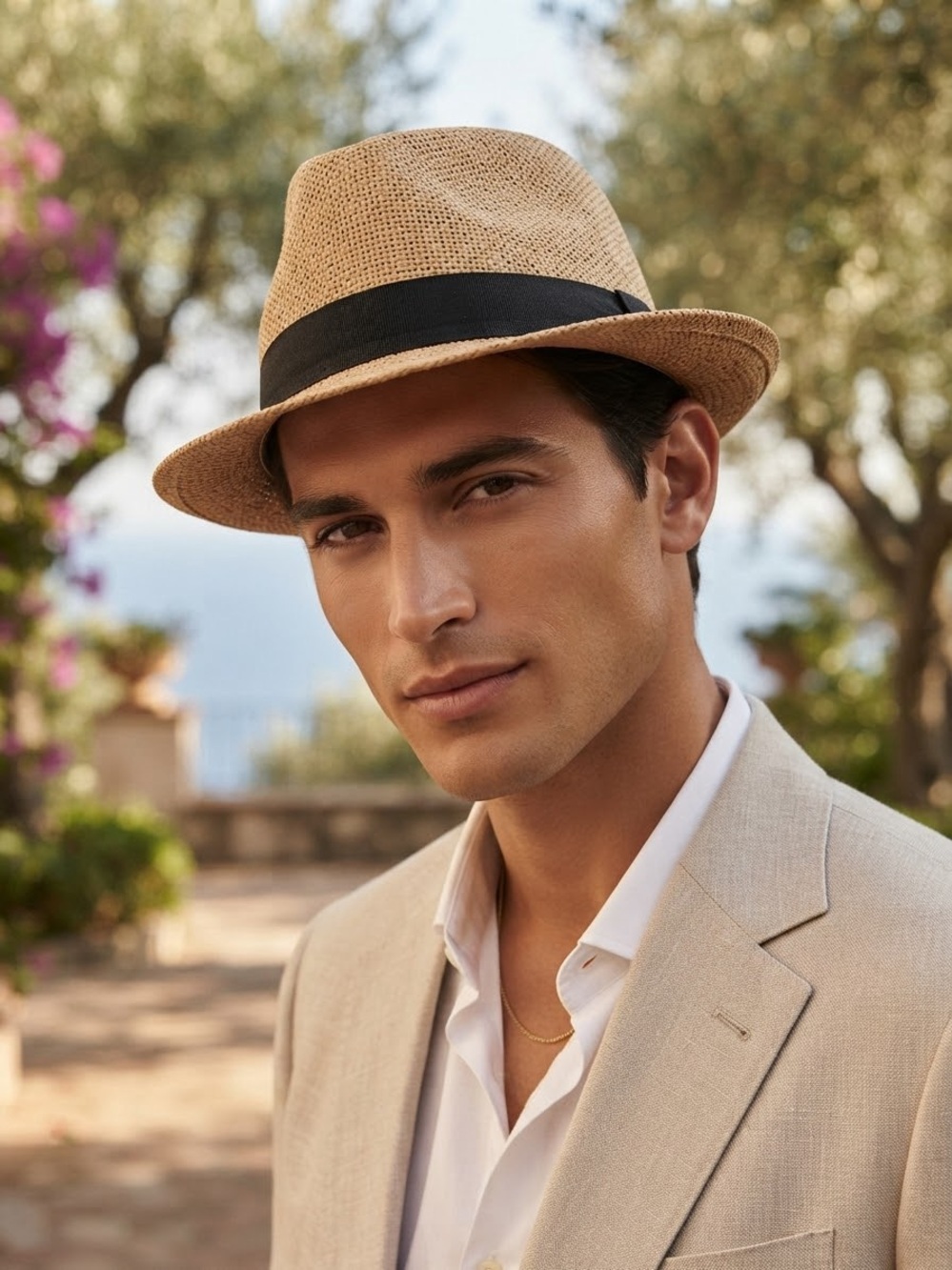 Classic Tan Woven Straw Fedora Hat with Black Band
